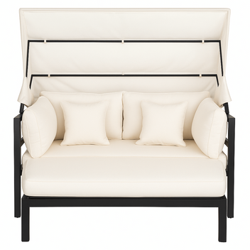Aurinkovuode 175 x 143 cm – irrotettava katos, 10 cm pehmuste, alumiinirunko, musta/beige