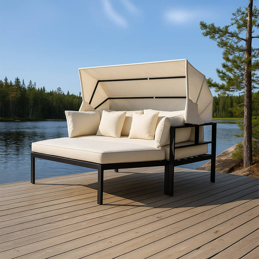 Solstol 175 x 143 cm – avtagbart tak, 10 cm stoppning, aluminiumram, svart/beige