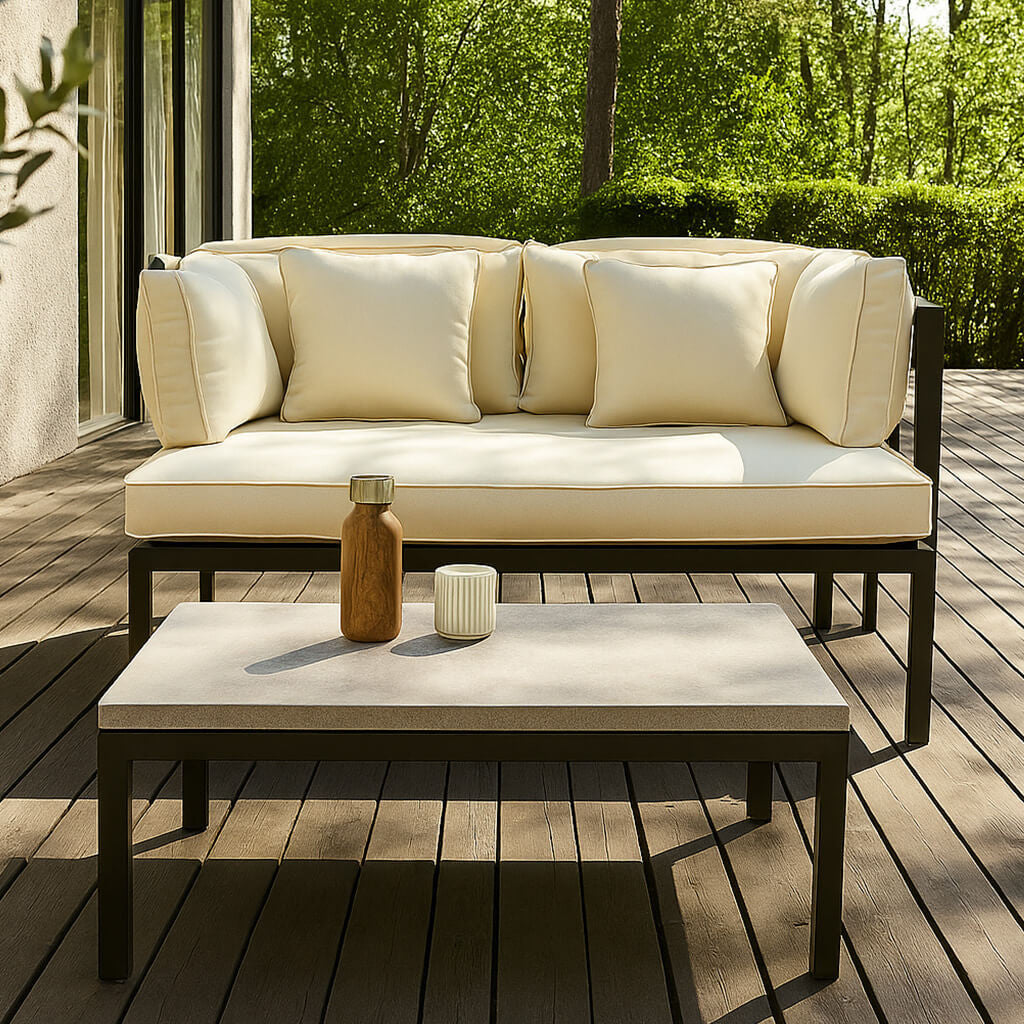 Aurinkovuode 175 x 143 cm – irrotettava katos, 10 cm pehmuste, alumiinirunko, musta/beige