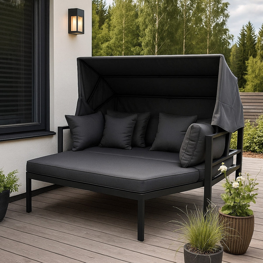 Solstol 175 x 143 cm – avtagbart tak, 10 cm stoppning, aluminiumram, svart/grå
