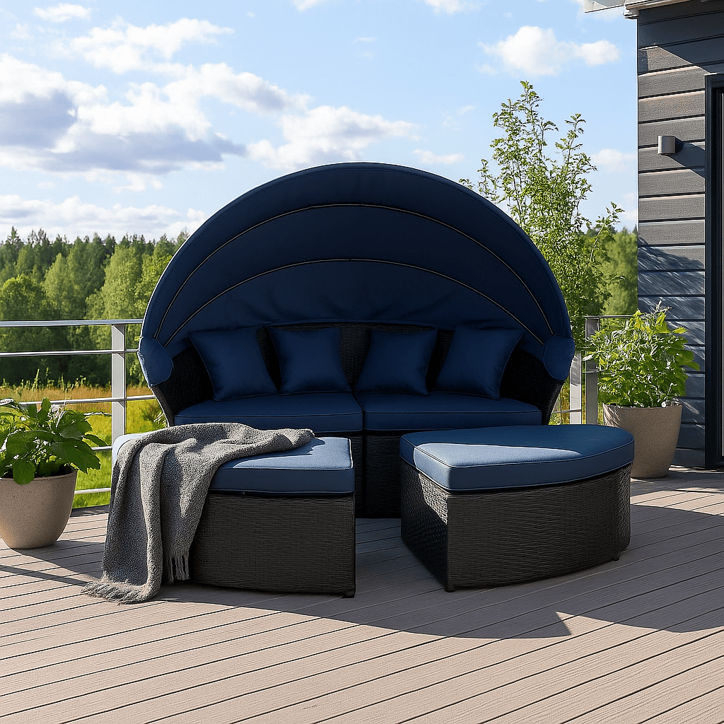 Solstol 200 cm – 3-delad, polyrotting, 8 cm stoppning, svart/grå