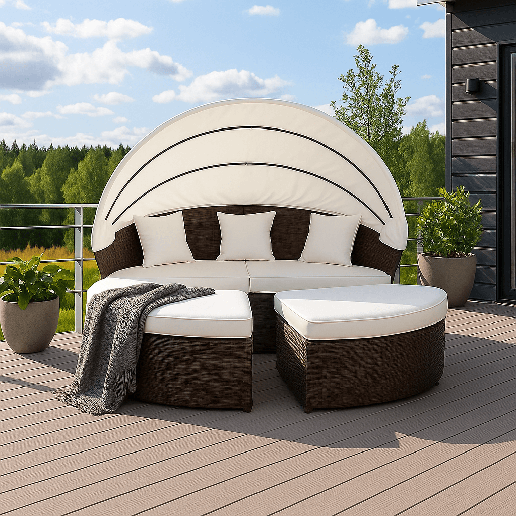 Solstol 200 cm – 3-delad, polyrotting, 8 cm stoppning, brun/beige