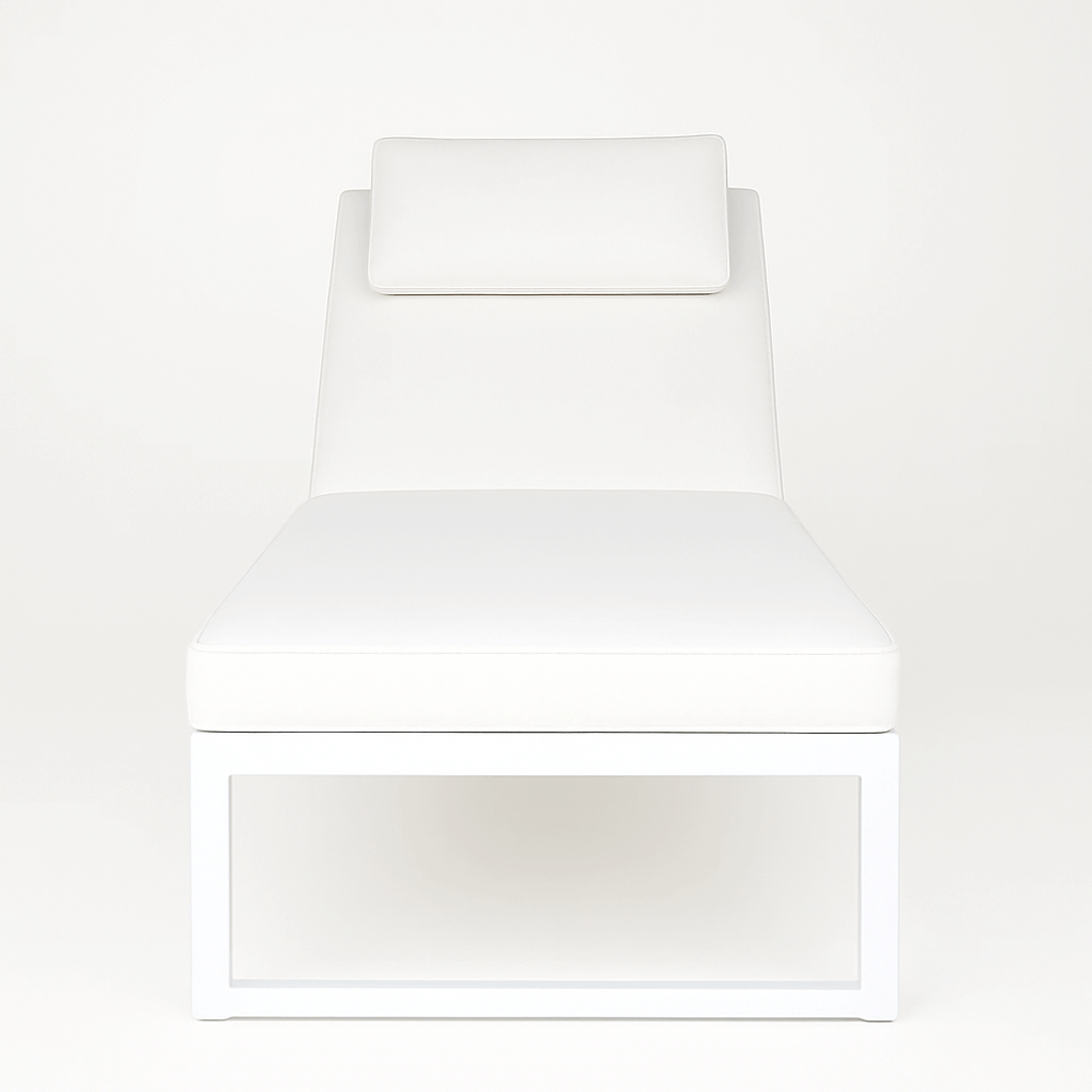 Solstol 200 cm – justerbart ryggstöd, 10 cm stoppning, stålram, vit/beige