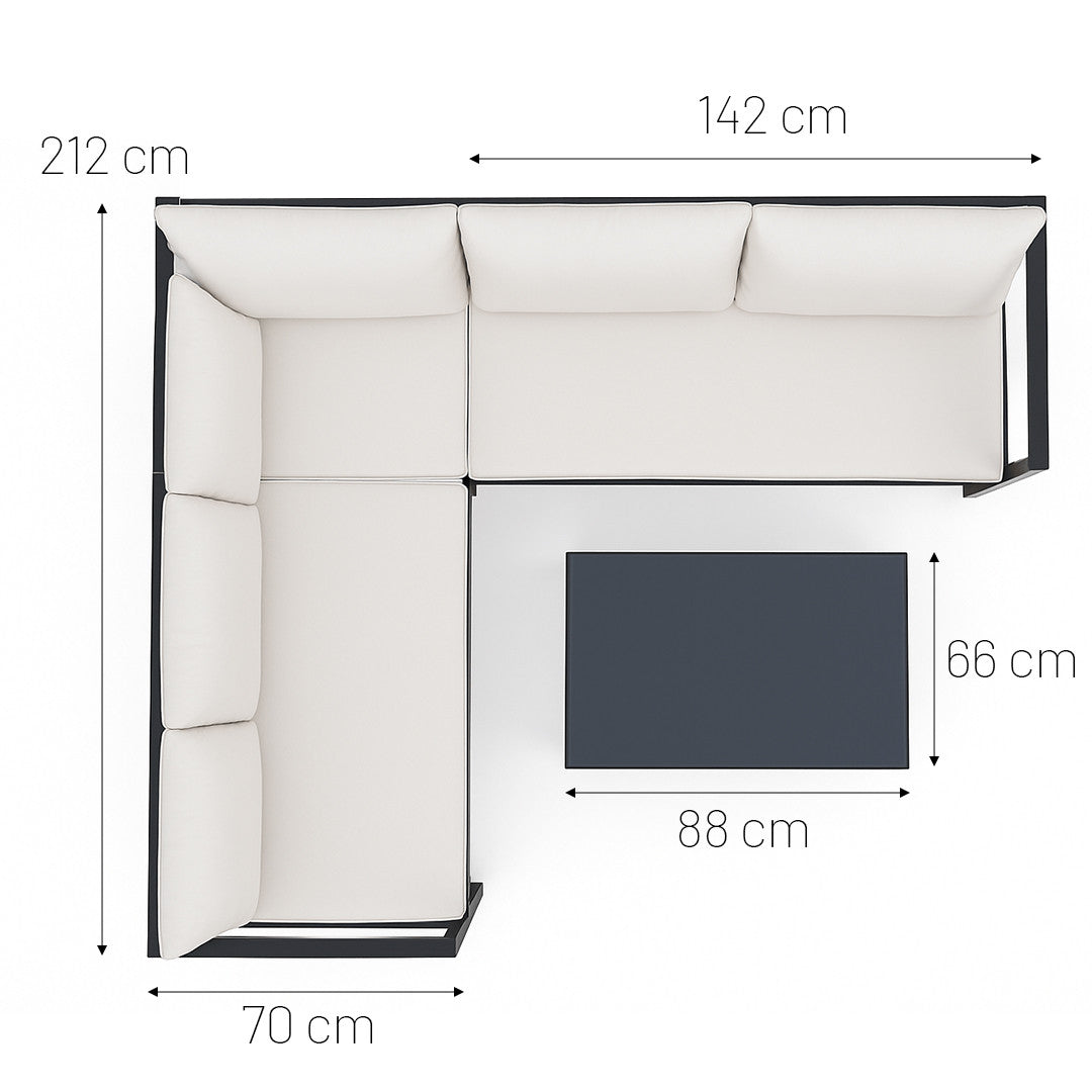 Hörnsofagrupp för 6 personer – bord 88 x 66 cm, 8 cm stoppning, stålram
