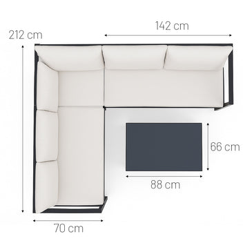 Hörnsofagrupp för 6 personer – bord 88 x 66 cm, 8 cm stoppning, stålram