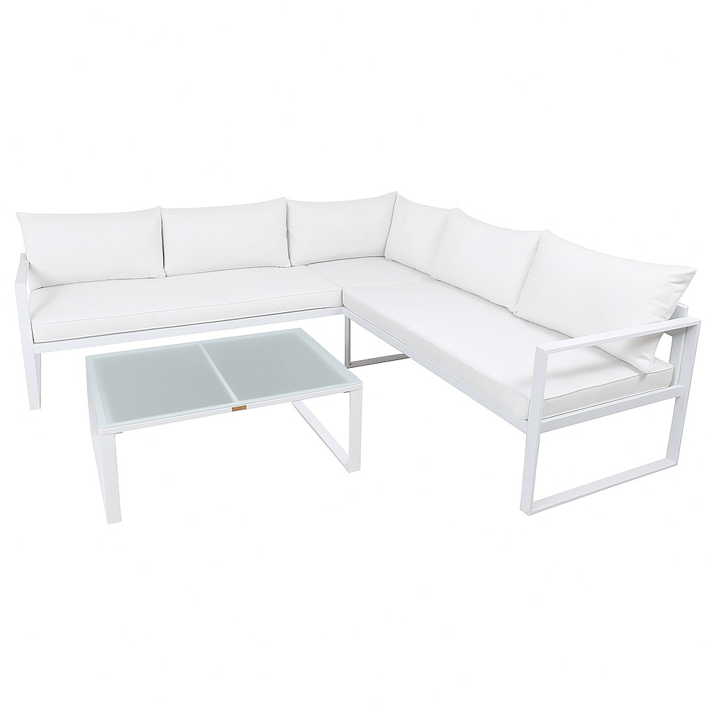 Hörnsofagrupp för 6 personer – bord 88 x 66 cm, 8 cm stoppning, stålram