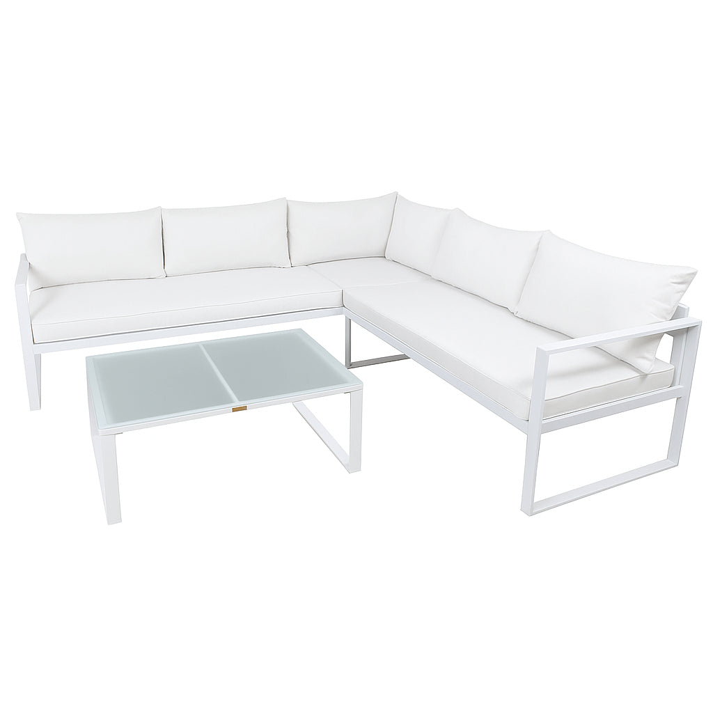 POHJOLA GARDEN Metalli Kulmasohvaryhmä ja Puutarhapöytä Ulos, Valkoinen/ Beige, MARIA