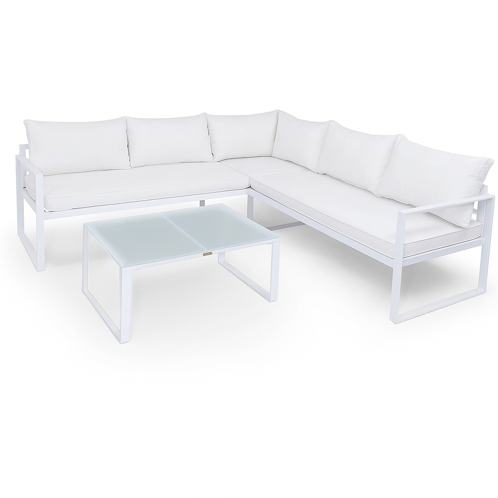 Kulmasohvaryhmä 6 hengelle – pöytä 88 x 66 cm, 8 cm pehmusteet, teräsrunko