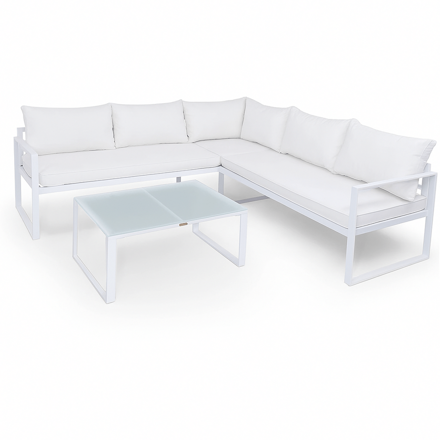 Hörnsofagrupp för 6 personer – bord 88 x 66 cm, 8 cm stoppning, stålram