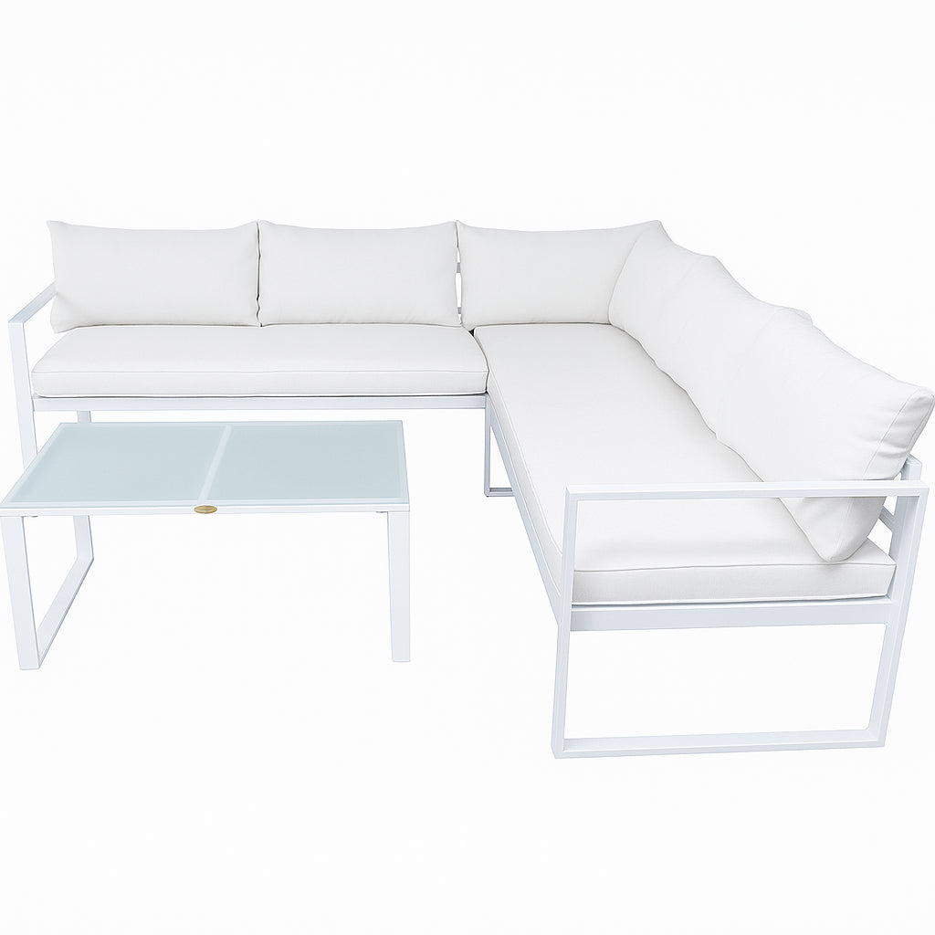 POHJOLA GARDEN Metalli Kulmasohvaryhmä ja Puutarhapöytä Ulos, Valkoinen/ Beige, MARIA