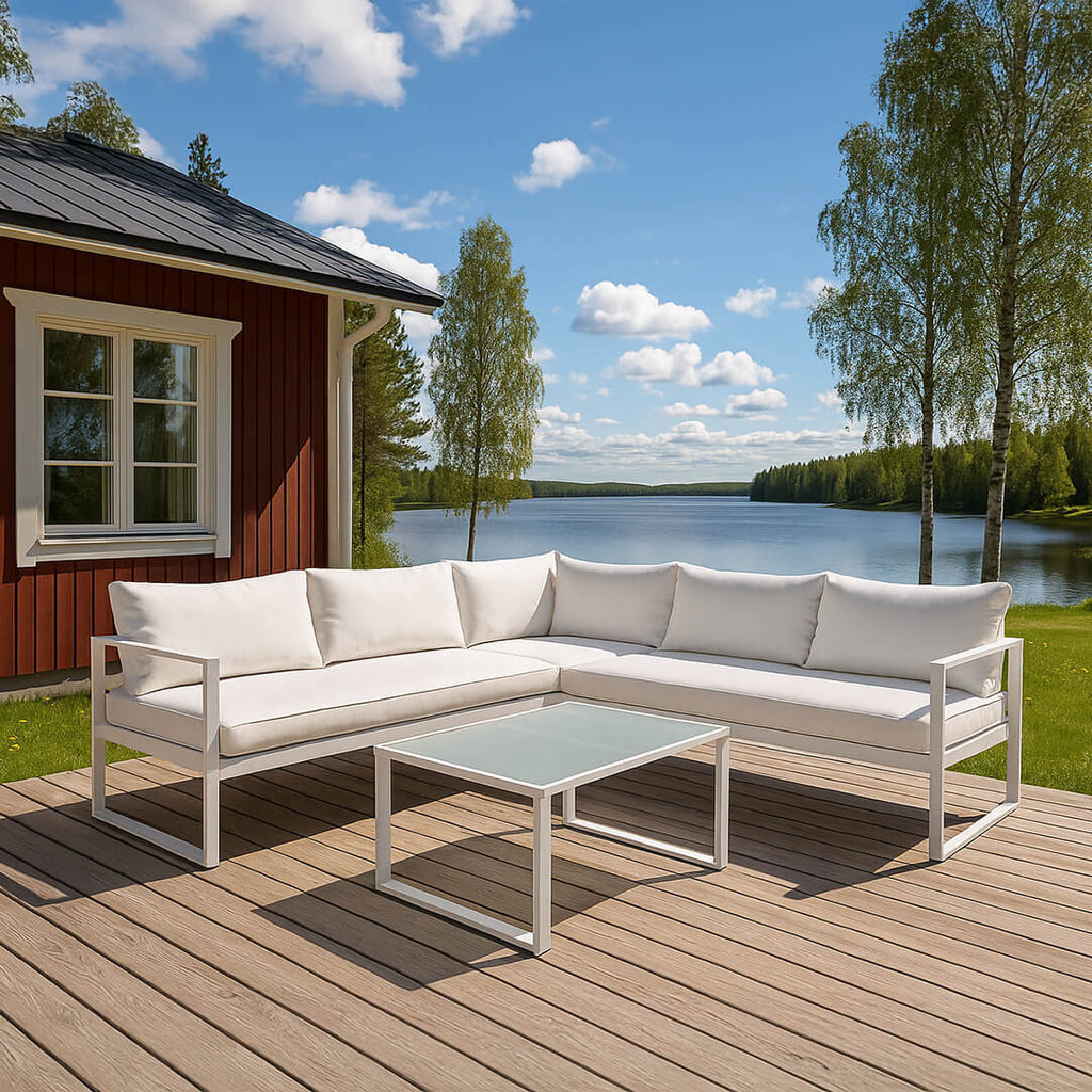 POHJOLA GARDEN Metalli Kulmasohvaryhmä ja Puutarhapöytä Ulos, Valkoinen/ Beige, MARIA