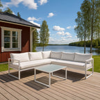 POHJOLA GARDEN Metalli Kulmasohvaryhmä ja Puutarhapöytä Ulos, Valkoinen/ Beige, MARIA