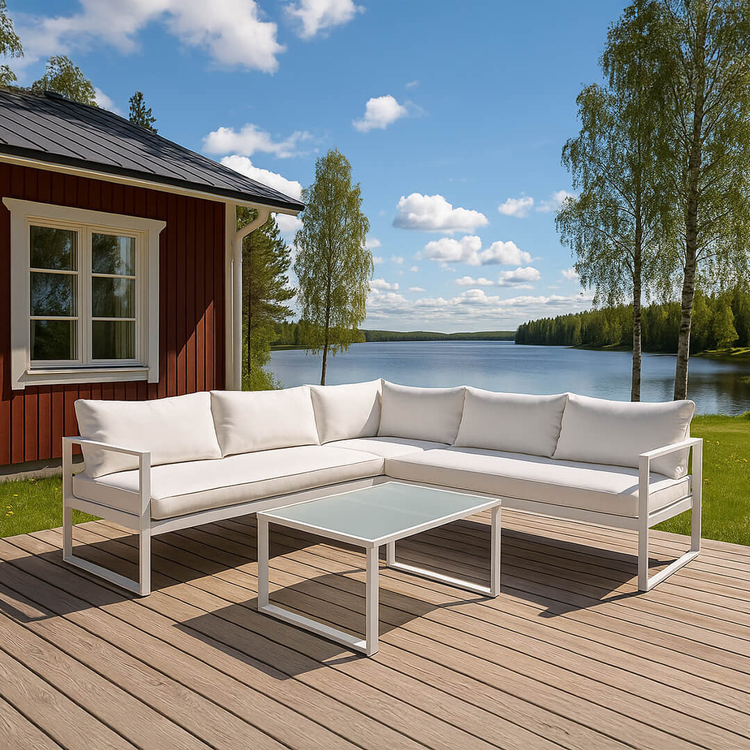 POHJOLA GARDEN Metalli Kulmasohvaryhmä ja Puutarhapöytä Ulos, Valkoinen/ Beige, MARIA