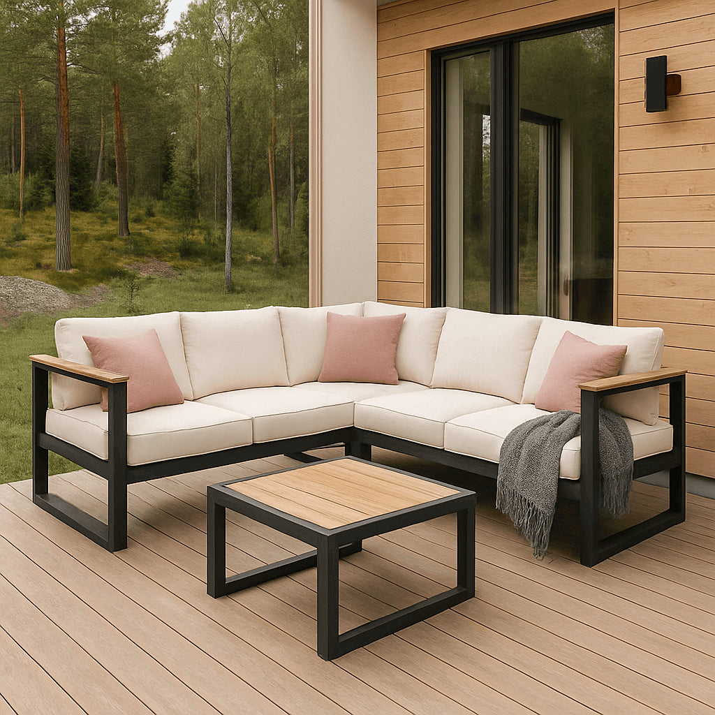 Pohjola Garden Kulmasohvaryhmä ja Puutarhapöytä SIIRI, Musta/Beige