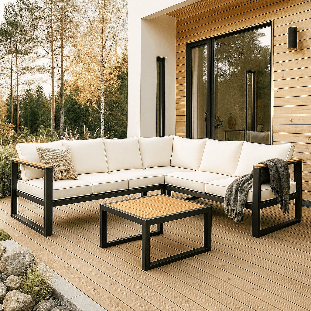 Pohjola Garden Kulmasohvaryhmä ja Puutarhapöytä SIIRI, Musta/Beige