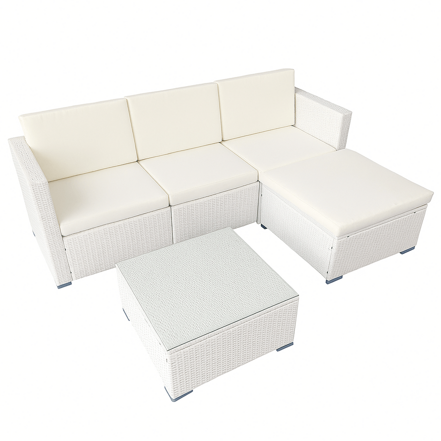 Polyrottinki sohvaryhmä – 8 cm pehmusteet, lasipöytä, teräsrunko, valkoinen/beige