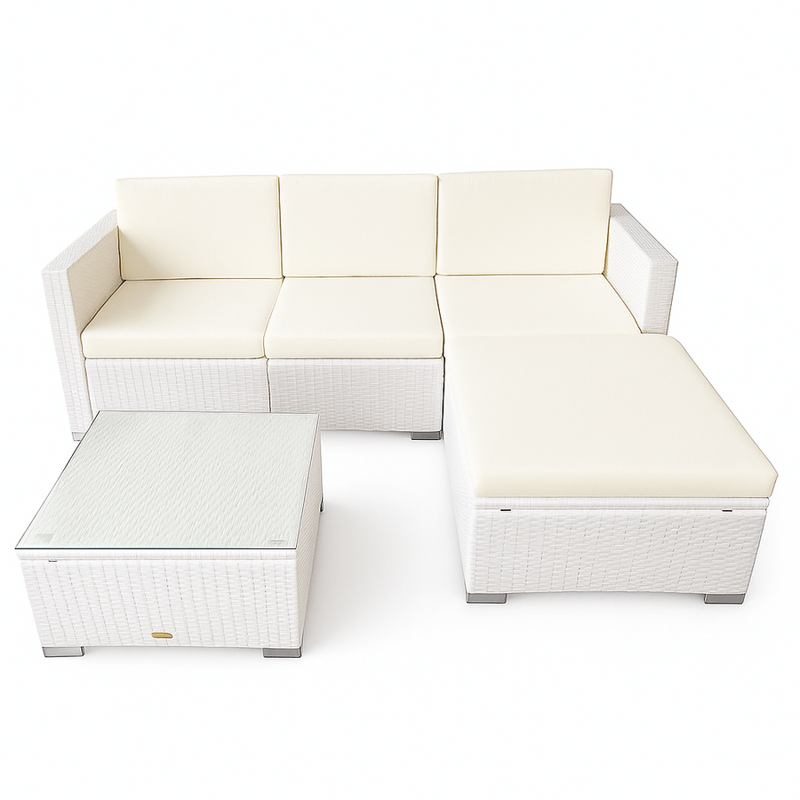 Polyrottinki sohvaryhmä – 8 cm pehmusteet, lasipöytä, teräsrunko, valkoinen/beige