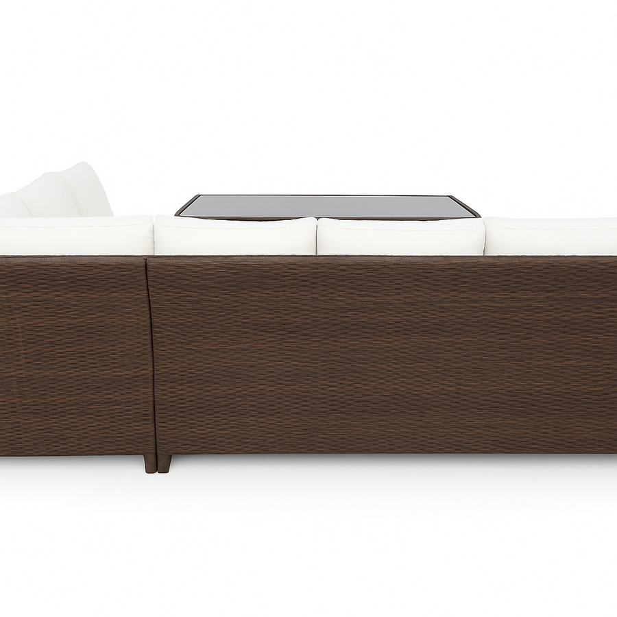 Polyrottinki ulkosohvaryhmä 5–6 hengelle – pöytä 130 x 75 cm, 7 cm pehmusteet, ruskea/beige