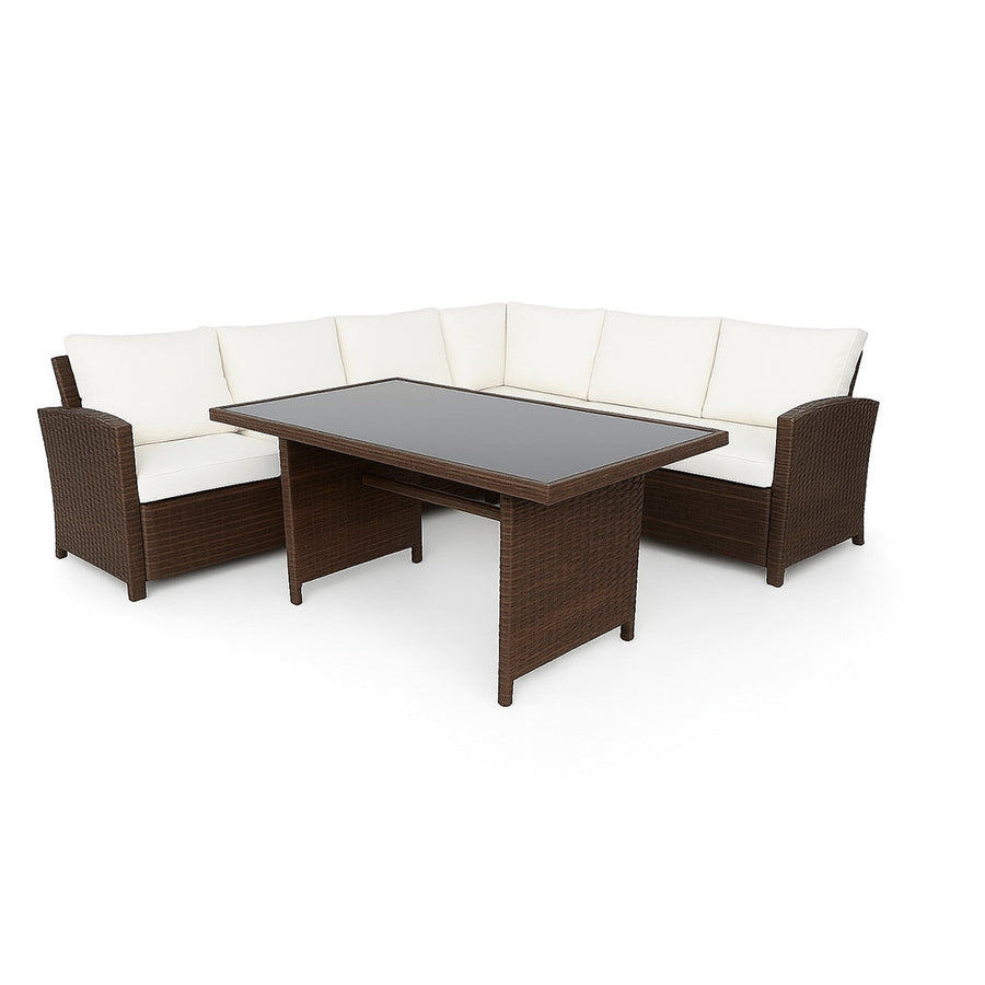 Polyrottinki ulkosohvaryhmä 5–6 hengelle – pöytä 130 x 75 cm, 7 cm pehmusteet, ruskea/beige