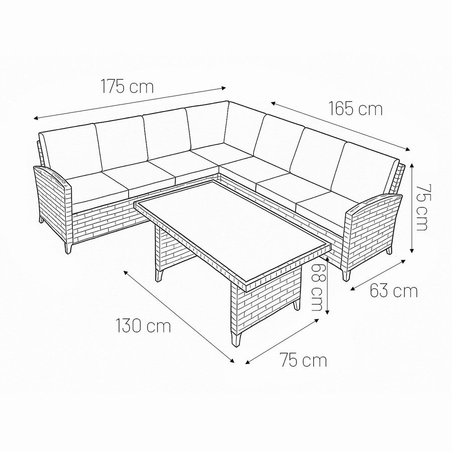 Polyrottinki utemöbelgrupp för 5–6 personer – bord 130 x 75 cm, 7 cm stoppning