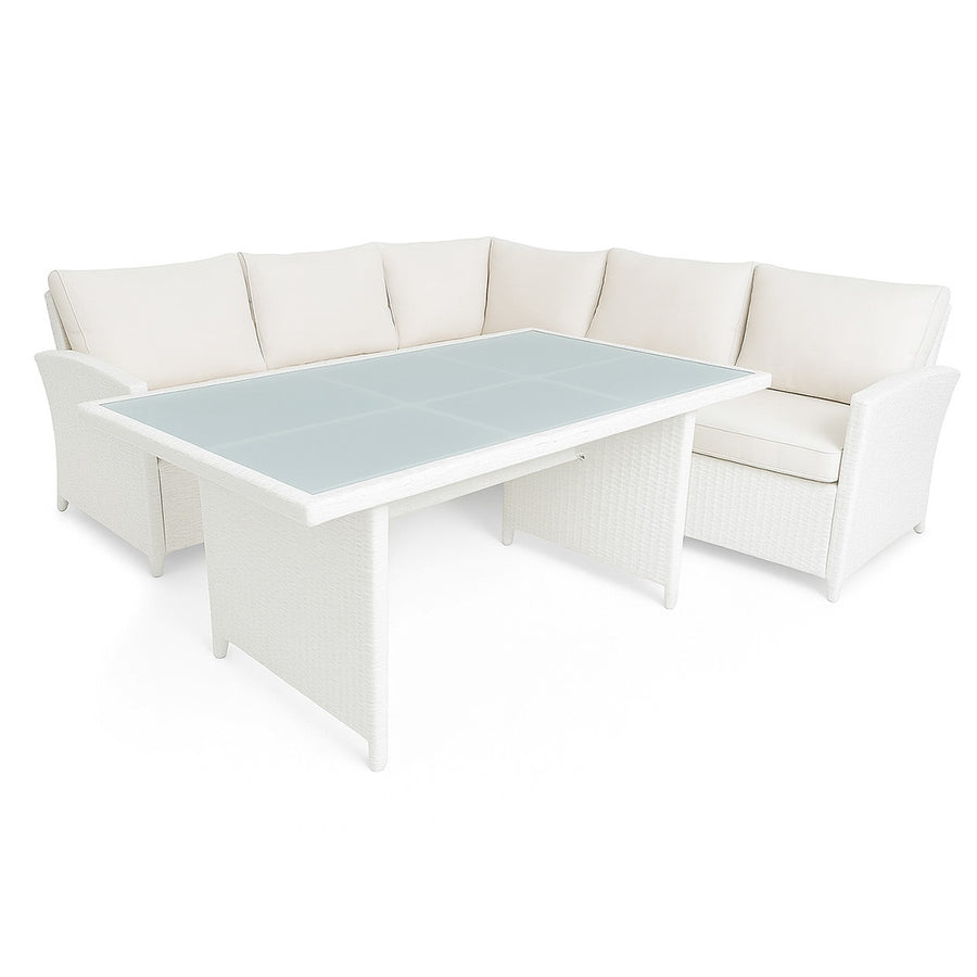 Polyrottinki ulkosohvaryhmä 5–6 hengelle – pöytä 130 x 75 cm, 7 cm pehmusteet, valkoinen/beige