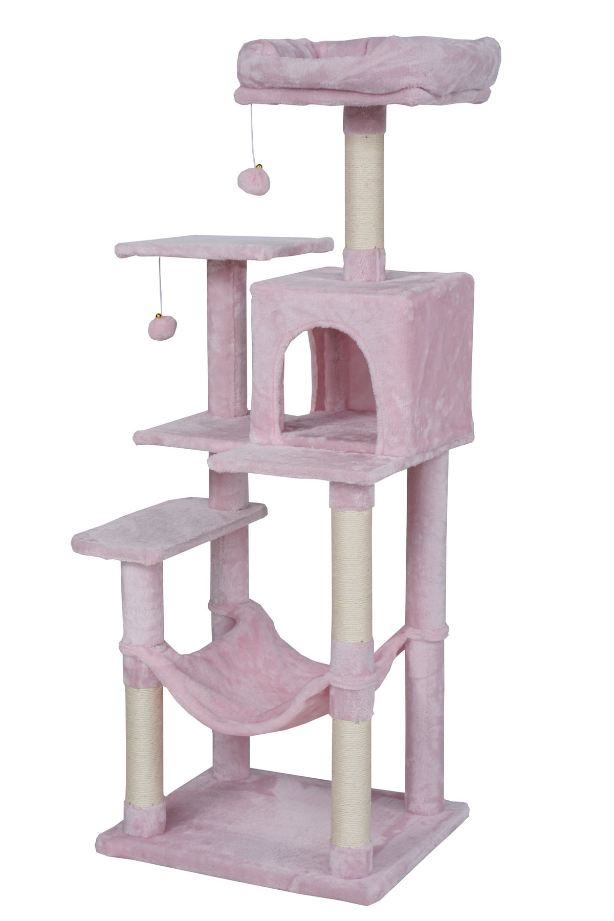 Kissan raapimispuu 143 cm – sisalpylväät, koppi, pinkki