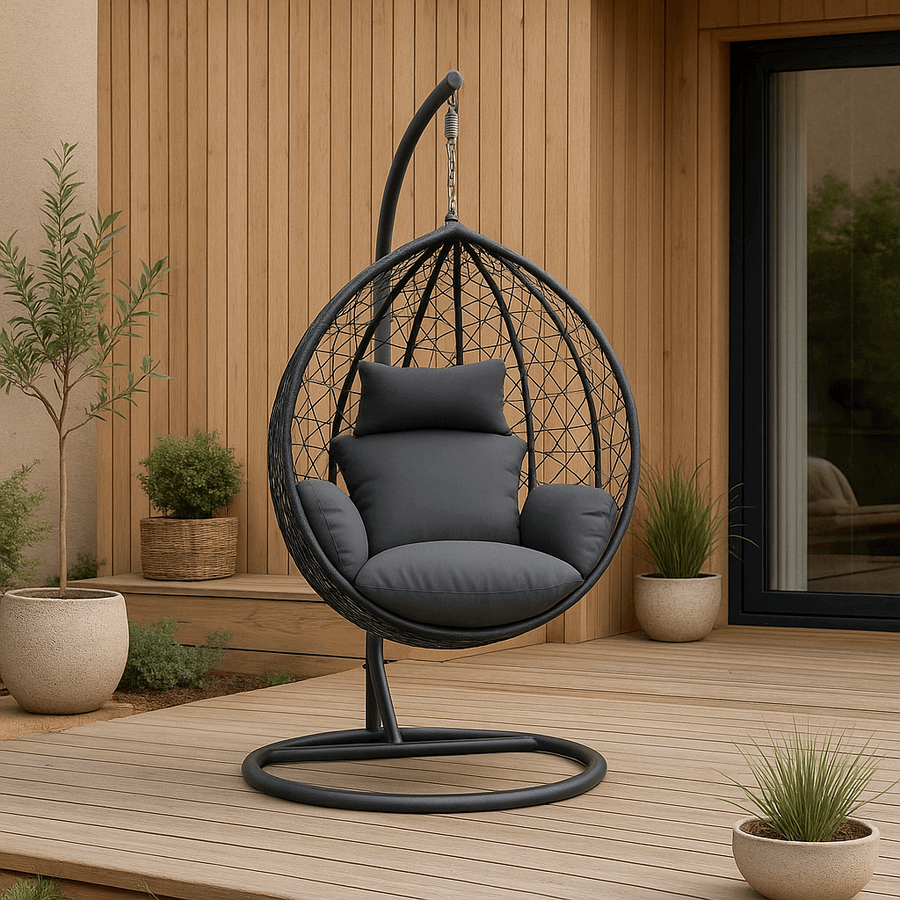 Riipputuoli telineellä 95 x 95 x 197 cm – polyrottinki, 150 kg, 10 cm pehmuste
