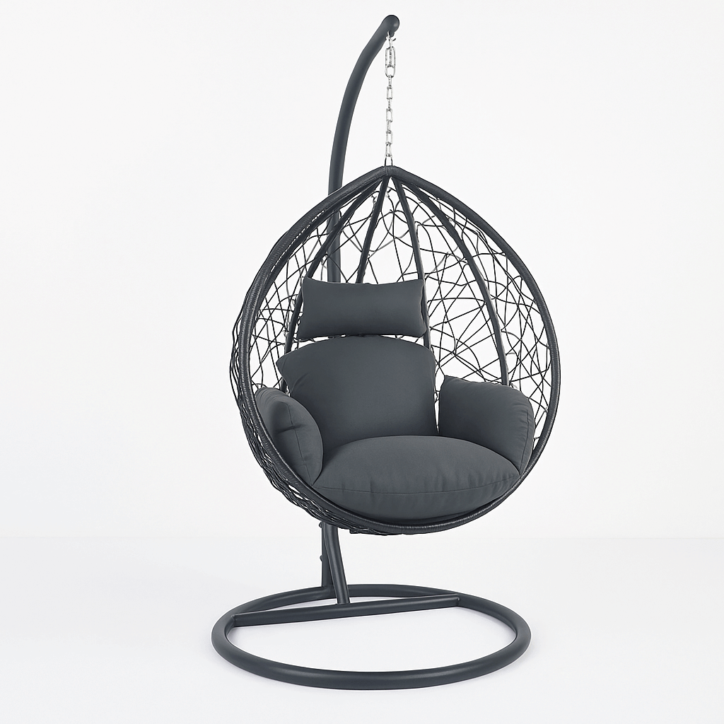 Riipputuoli telineellä 95 x 95 x 197 cm – polyrottinki, 150 kg, 10 cm pehmuste