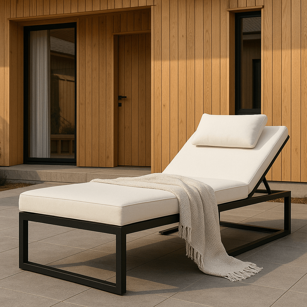 Solstol 200 cm – justerbart ryggstöd, 10 cm stoppning, stålram, svart/beige