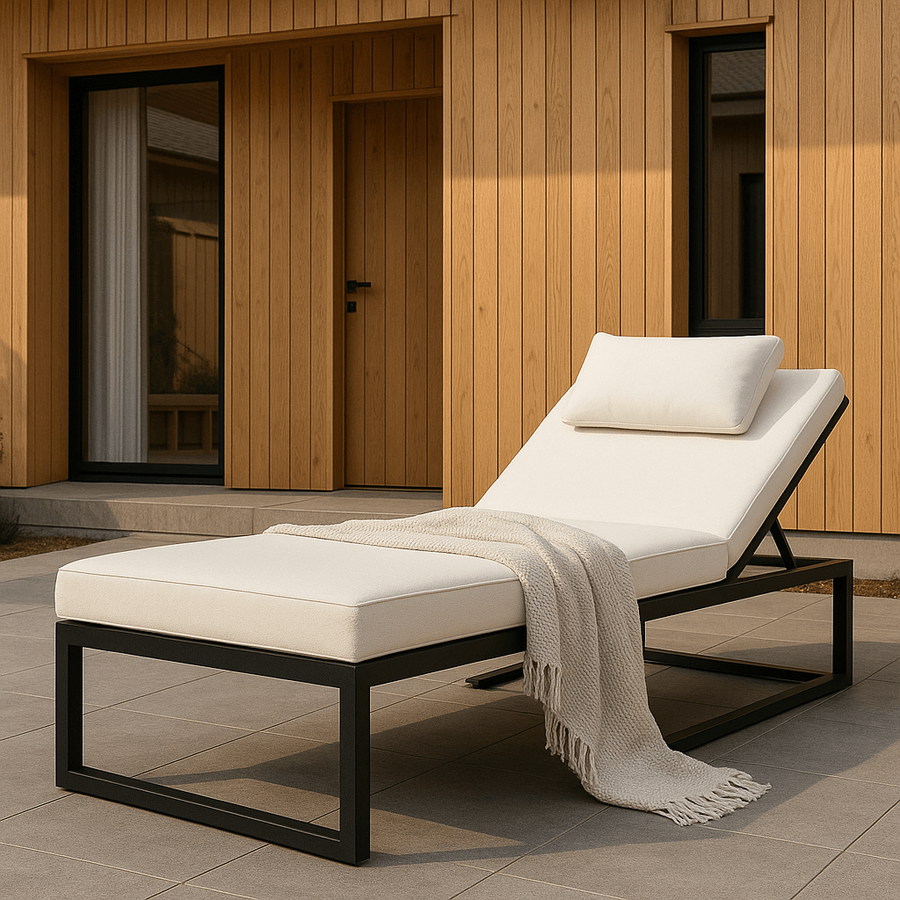 Solstol 200 cm – justerbart ryggstöd, 10 cm stoppning, stålram, svart/beige