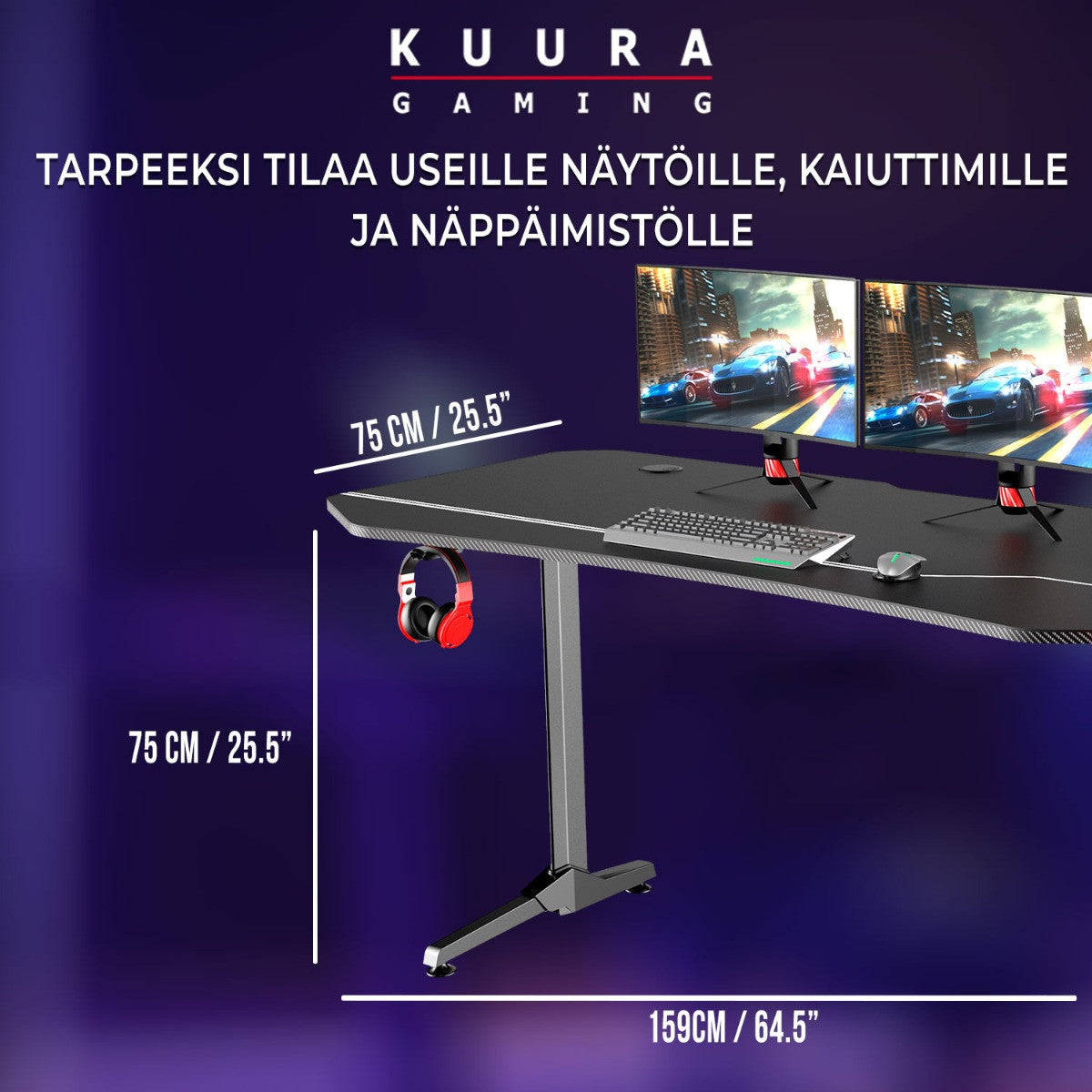 KUURA GAMING PELIPÖYTÄ RGB 159X75 CM