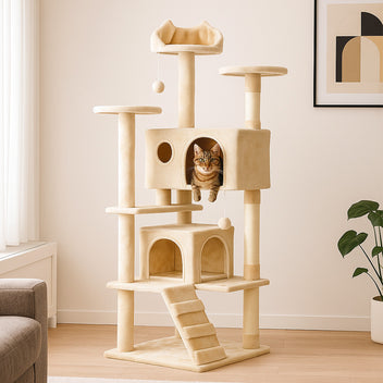 Kissan raapimispuu 139 cm – 2 mökkiä, sisalitolpat, beige