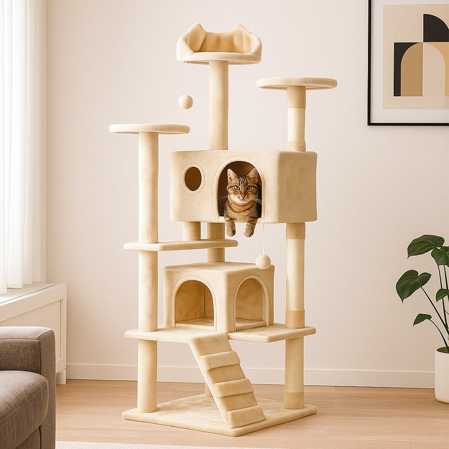 Kissan raapimispuu 139 cm – 2 mökkiä, sisalitolpat, beige