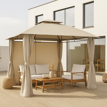 Paviljonki 3 x 3 m – sivuverhot, tuuletuskatto, Ø 48 mm teräspylväät, beige