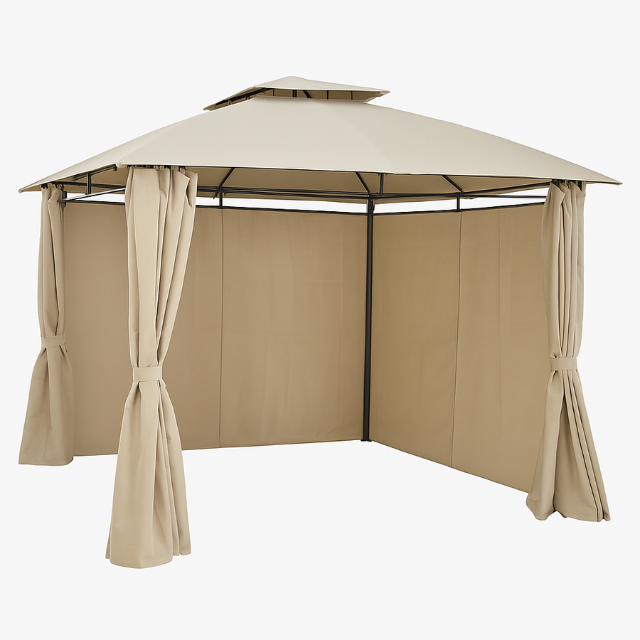 Paviljong 3 x 3 m – sidogardiner, ventilationstak, Ø 48 mm stålstolpar, beige
