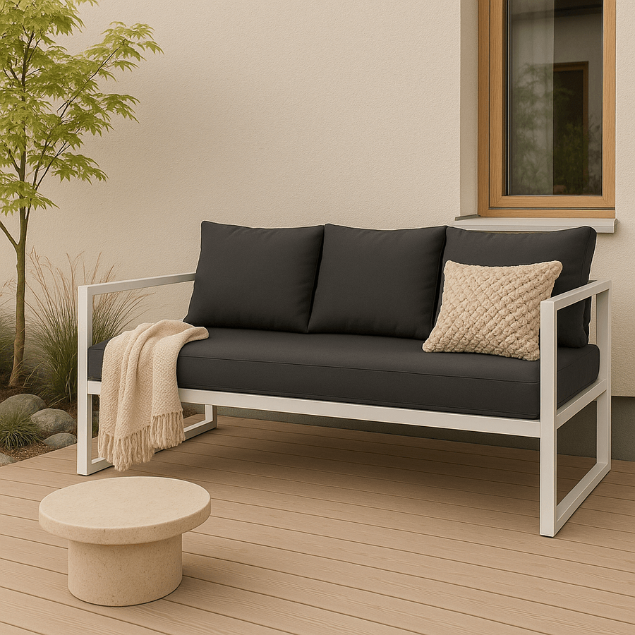 3-sitsig utomhussoffa 190 x 75 cm – 10 cm stoppning, stålram, vit/grå