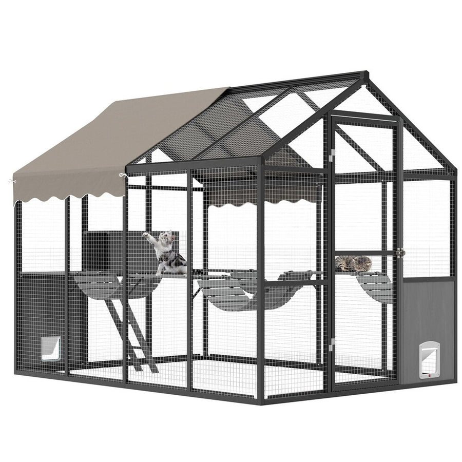 Kattkoja 242 x 176 x 193 cm – aluminiumram, järntrådsnät, 2 kattluckor