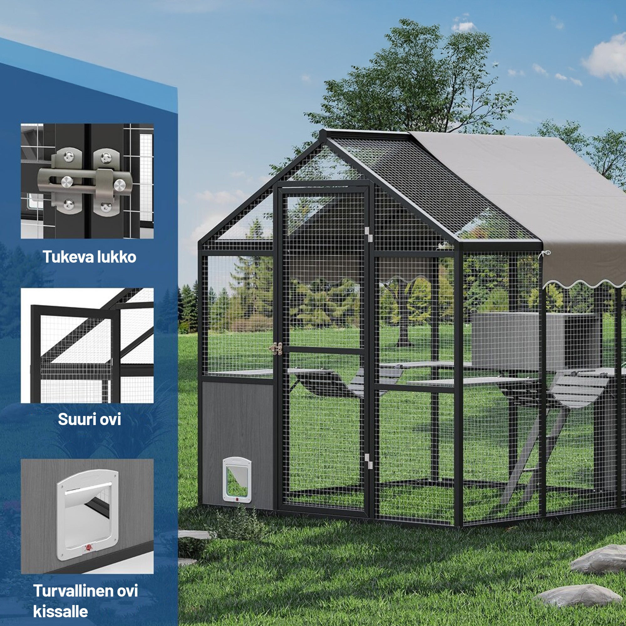 Pohjolan Lemmikkitarvike Kissatalo / Kissan ulkohäkki, Musta Alumiini, 242 x 176 x 193cm