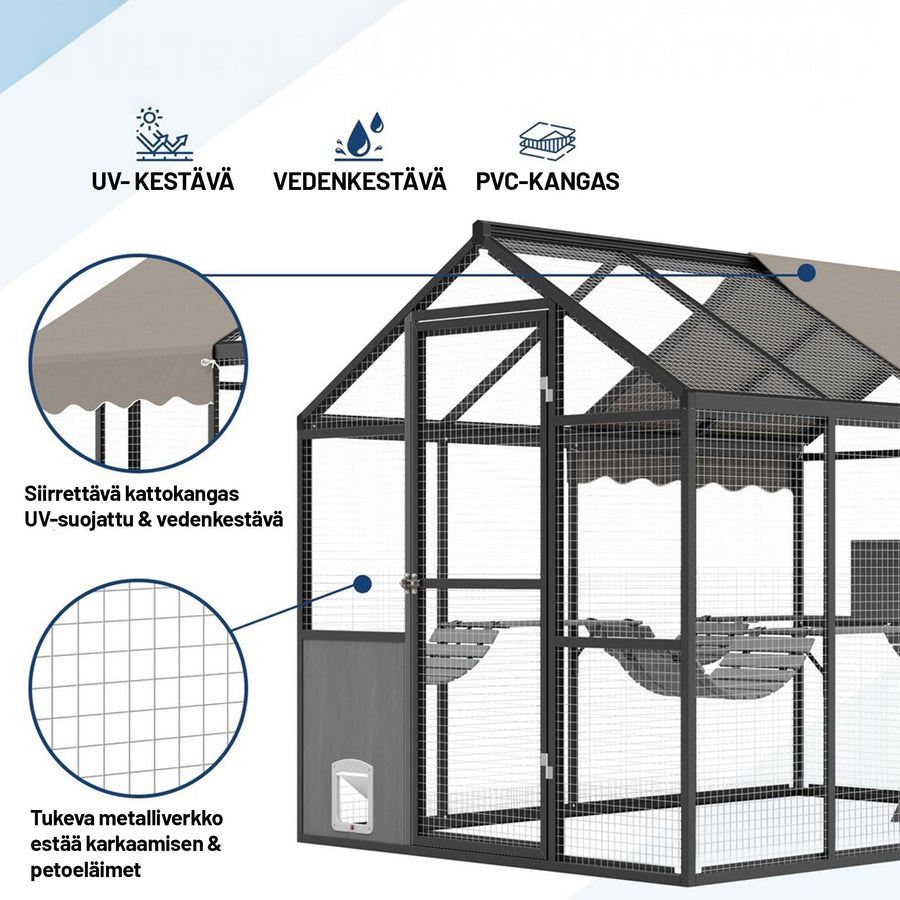 Kattkoja 242 x 176 x 193 cm – aluminiumram, järntrådsnät, 2 kattluckor