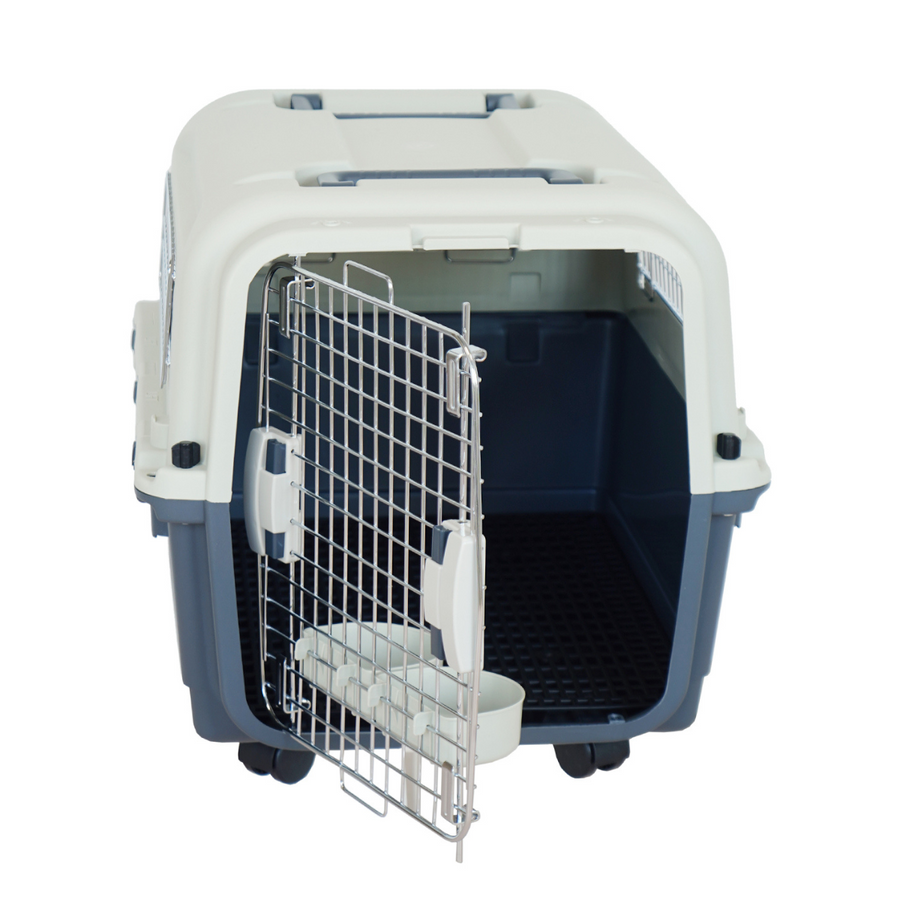 Transportbur 67 x 51,5 x 52,5 cm – hjul, dörr i metallnät, mat- och vattenkoppar