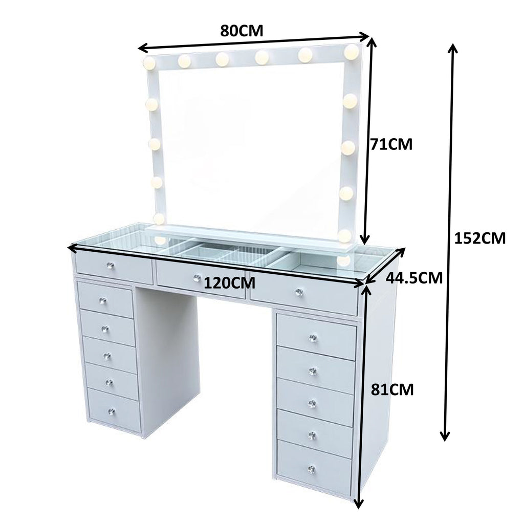 Pohjola Indoor Venla, Suuri Meikkipöytä Valoilla & Laatikostolla, 120 x 44,5 x 79 cm, Valkoinen