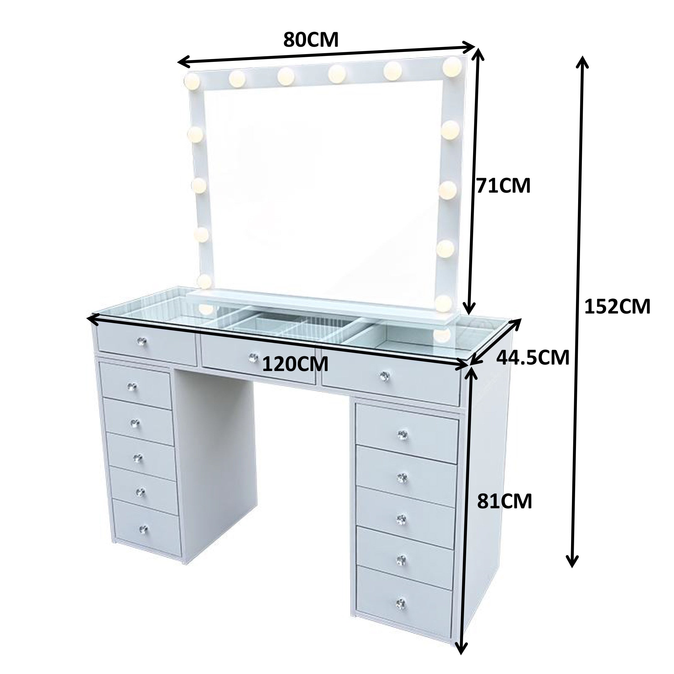 Pohjola Indoor Venla, Suuri Meikkipöytä Valoilla & Laatikostolla, 120 x 44,5 x 79 cm, Valkoinen