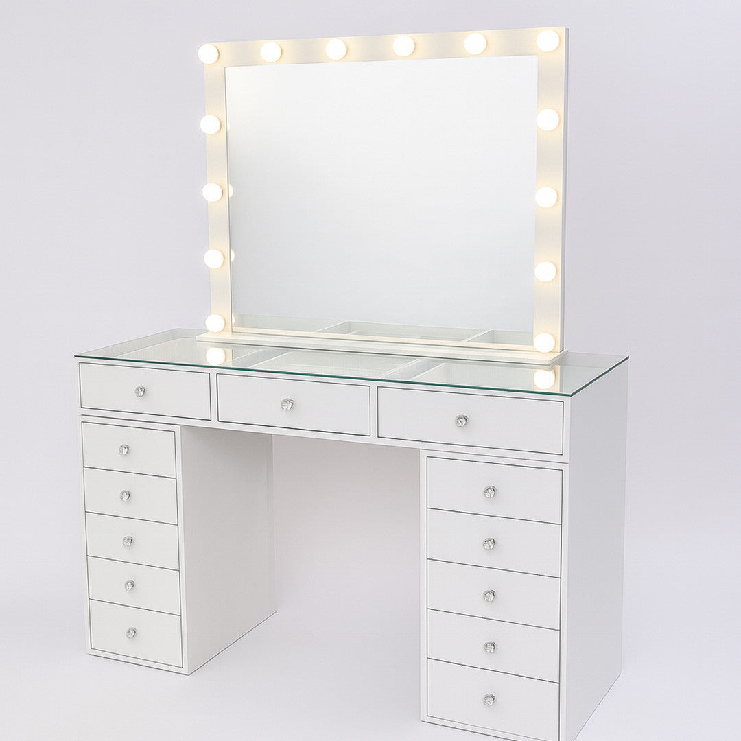 Pohjola Indoor Venla, Suuri Meikkipöytä Valoilla & Laatikostolla, 120 x 44,5 x 79 cm, Valkoinen