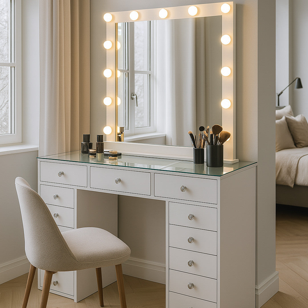 Pohjola Indoor Venla, Suuri Meikkipöytä Valoilla & Laatikostolla, 120 x 44,5 x 79 cm, Valkoinen