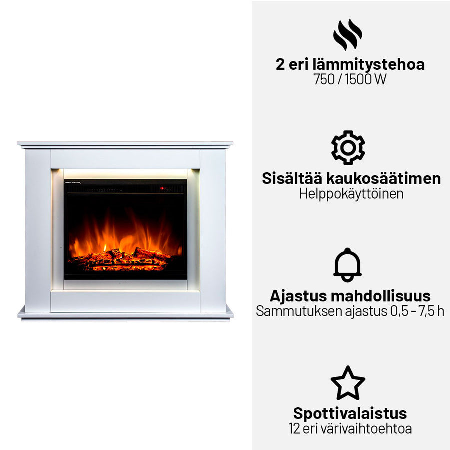 Sähkötakka Genova 750/1500W – 100 x 28 x 82,5 cm, LED-liekki, valkoinen
