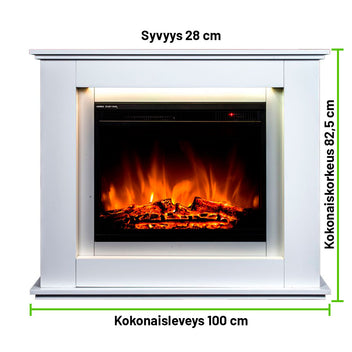 Sähkötakka Genova 750/1500W – 100 x 28 x 82,5 cm, LED-liekki, valkoinen