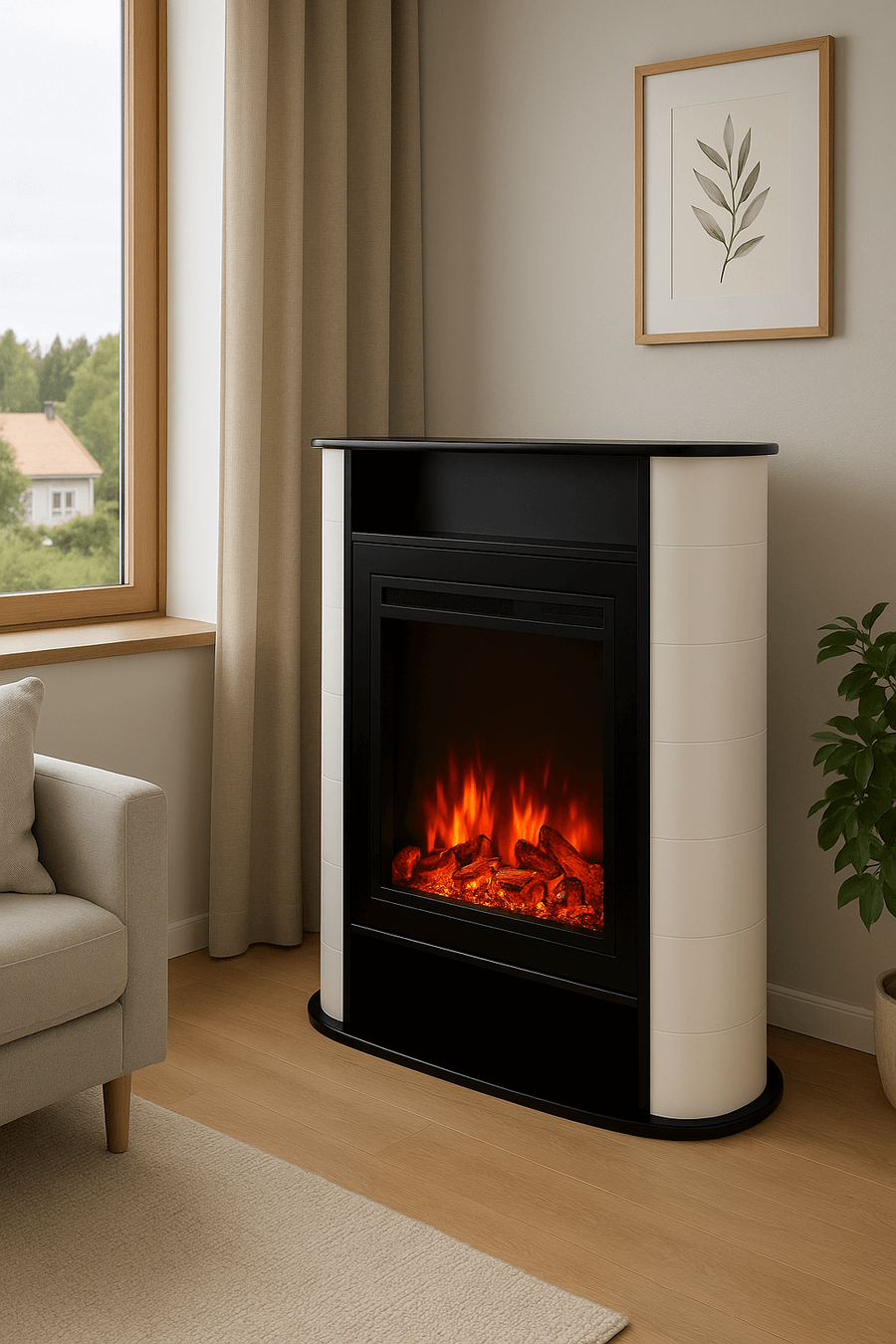 Sähkötakka Ravenna 750/1500W – 84 x 33 x 111 cm, LED-liekki, valkoinen