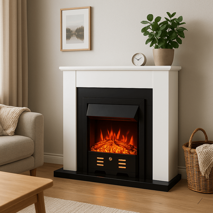 Sähkötakka Siena 950/1950W – 100 x 27 x 94,5 cm, LED-liekki, valkoinen