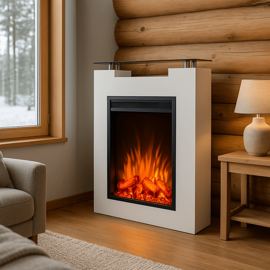 Sähkötakka Torino 750/1500W – 68 x 17 x 87,5 cm, LED-liekki, valkoinen