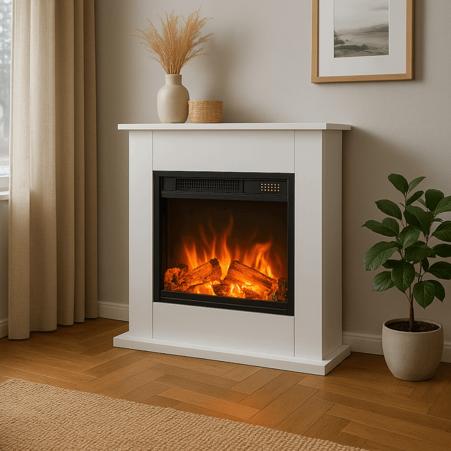 Sähkötakka Verona 750/1500W – 64,5 x 23,5 x 74 cm, LED-liekki, valkoinen